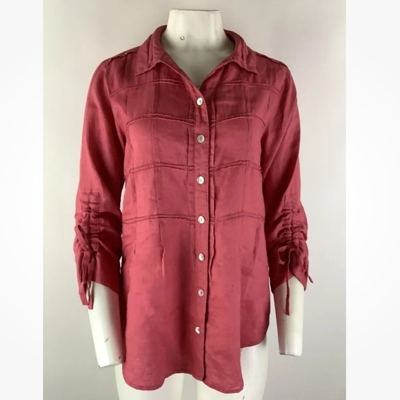 John Mark Sz XS 100% Linen Button Tunic Top Pink Ruched Arms Casual Style - Picture 1 of 6